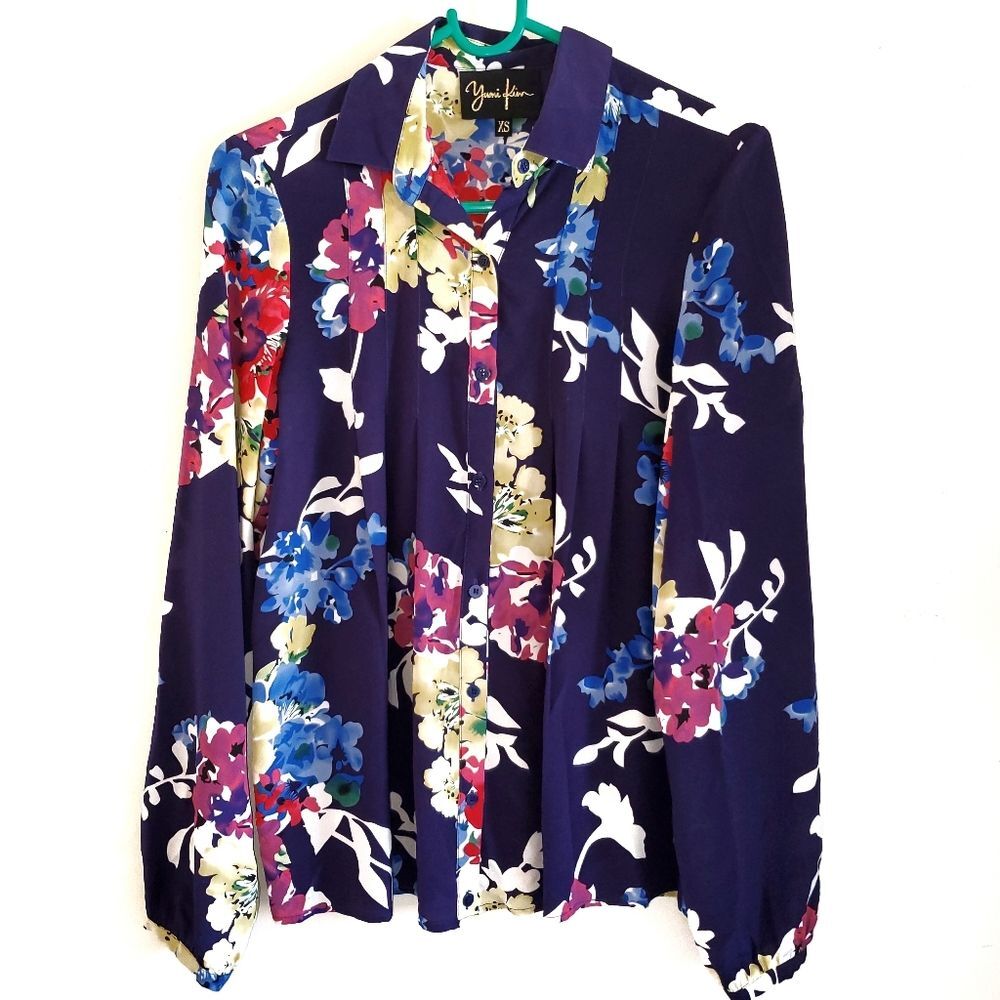 Anthropologie Yumi Kim Neotropic Navy Floral Long Sleeve Button Silk Blouse XS